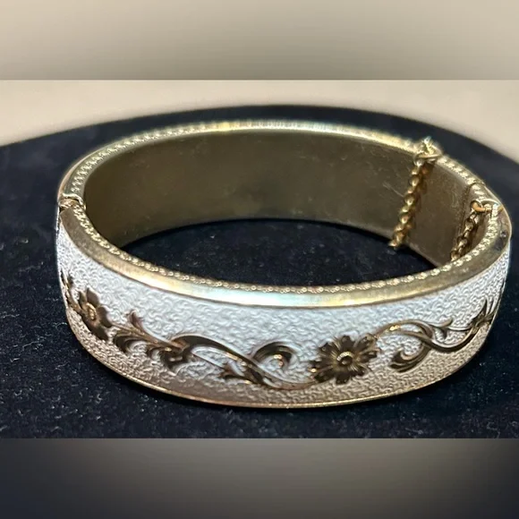 Gold Bangle Bracelet Coated in White with Gold Floral Accents. Clasp Closure - Picture 2 of 6